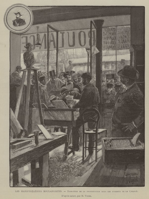 Les Manifestations Boulangistes, Firma della protesta negli uffici della Cocarde (incisione) da French School
