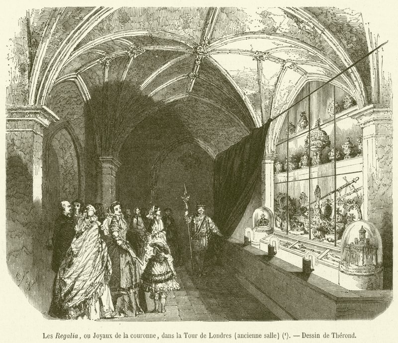 Le Regalia, o Gioielli della corona, nella Torre di Londra, sala antica (incisione) da French School
