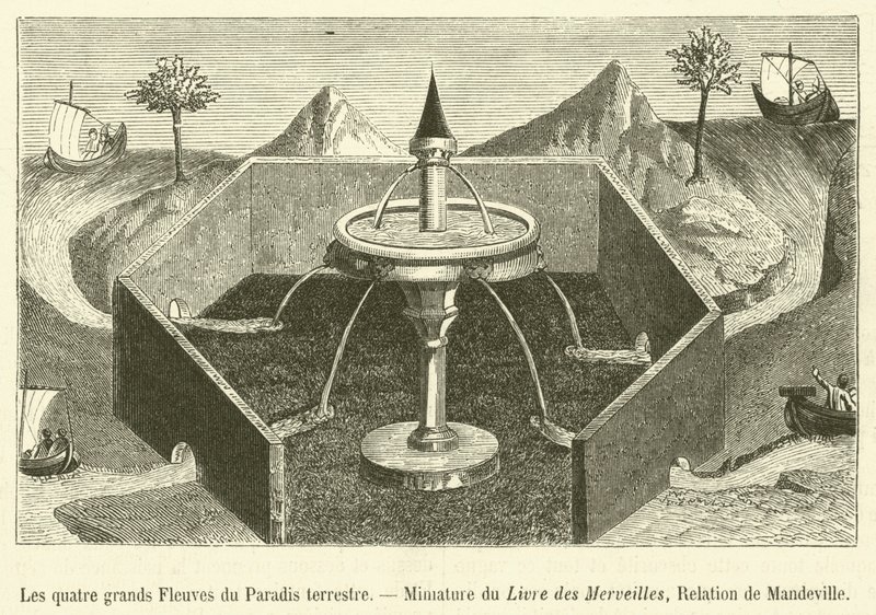 I quattro grandi Fiumi del Paradiso terrestre, Miniatura del Libro delle Meraviglie, Relazione di Mandeville da French School