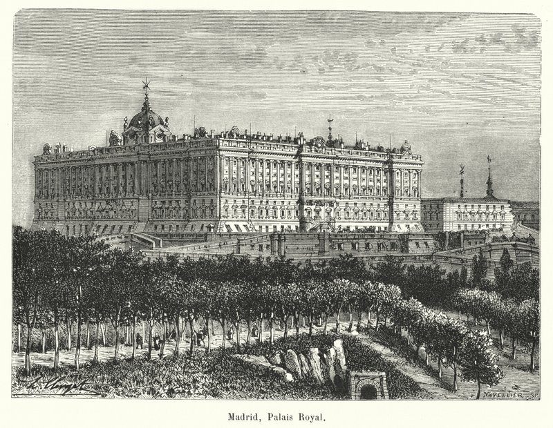 Madrid, Palazzo Reale (incisione) da French School