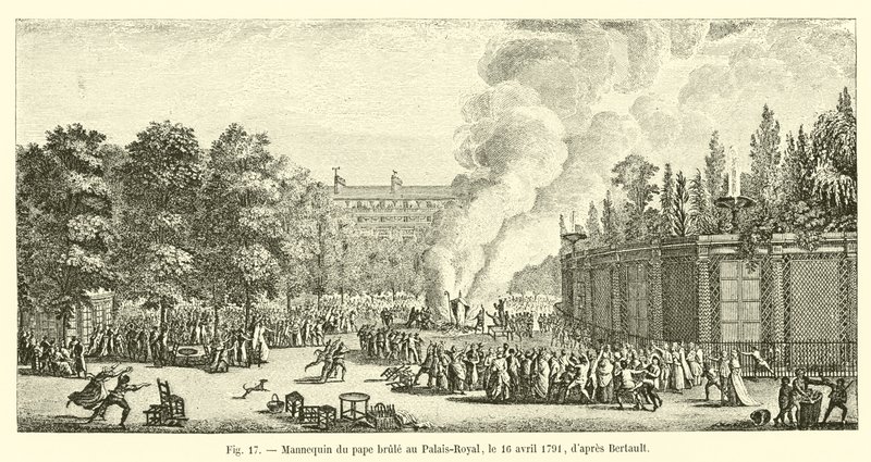 Manichino del papa bruciato al Palais-Royal, il 16 aprile 1791, secondo Bertault da French School