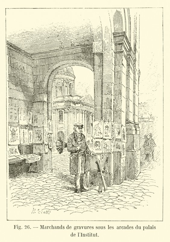 Mercanti di incisioni sotto le arcate del palazzo dell