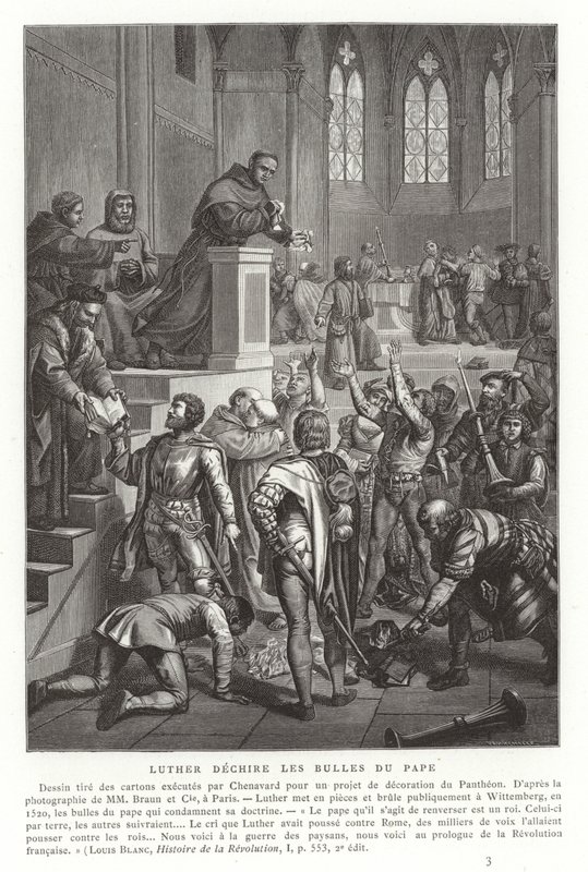 Martin Lutero che strappa le bolle papali, Wittenberg, Germania, 1520 da French School