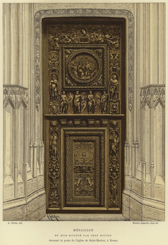 Medaglione in legno intagliato da Jean Goujon nella porta della Chiesa di Saint-Maclou, Rouen da French School