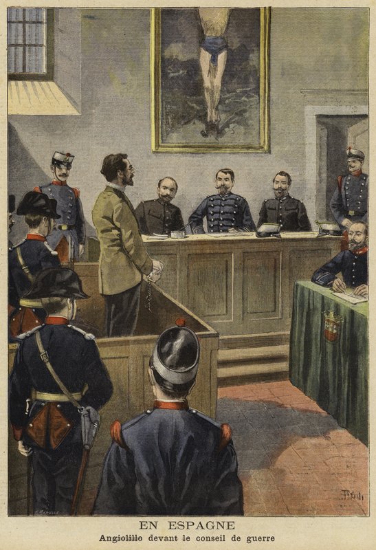 Michele Angiolillo davanti al Consiglio di Guerra, Spagna, 1897 da French School
