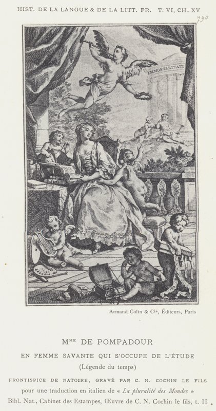 Mme de Pompadour, in veste di donna colta che si dedica allo studio, leggenda del tempo da French School