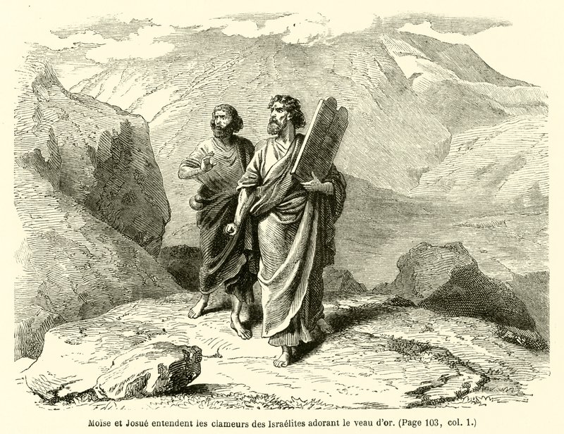 Mosè e Giosuè sentono le grida degli Israeliti che adorano il vitello d