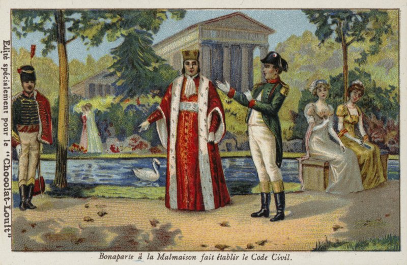 Napoleone Bonaparte istituisce il Codice Napoleonico al Castello di Malmaison, Francia, 1804 da French School