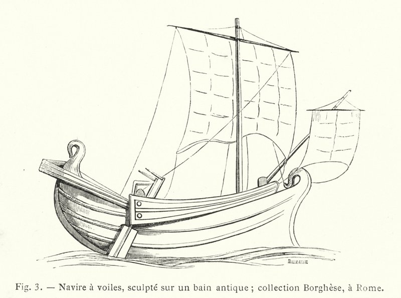 Nave a vela, scolpita su un bagno antico; collezione Borghese, a Roma da French School