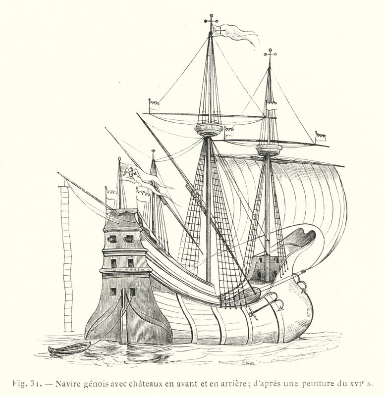 Nave genovese con castelli avanti e indietro; secondo un dipinto del XVI secolo (incisione) da French School