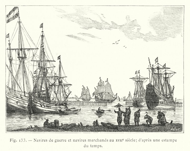 Navi da guerra e navi mercantili nel XVII secolo; da una stampa dell