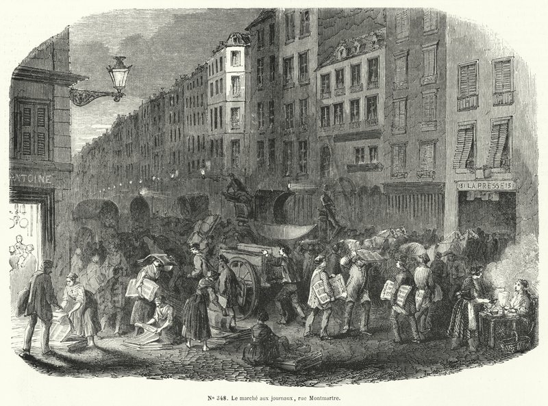 Mercato dei giornali, Rue Montmartre, Parigi da French School