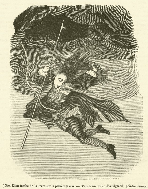 Niel Klim cade dalla terra sul pianeta Nazar (incisione) da French School