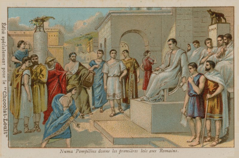 Numa Pompilio, secondo re di Roma (753-673 a.C.), che promulga le prime leggi romane da French School
