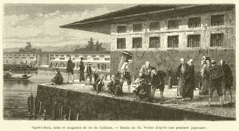 Ogawa-Bata, darsene e magazzini di riso del Taikoun (incisione) da French School