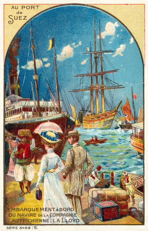 Passeggeri che imbarcano su una nave della linea Austrian Lloyd al porto di Suez, Egitto da French School