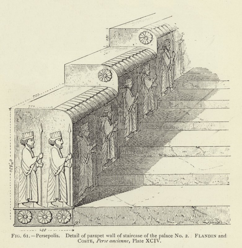 Persepoli, Dettaglio del parapetto della scala del palazzo n. 2 (incisione) da French School