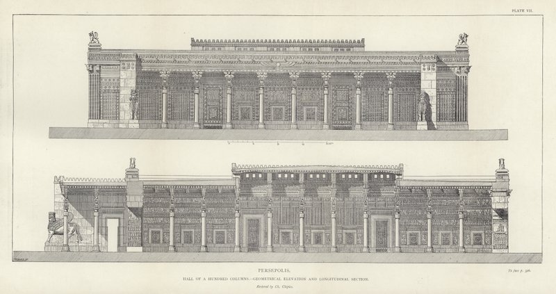 Persepoli, Sala delle Cento Colonne, elevazione geometrica e sezione longitudinale, restaurata da Ch Chipiez da French School