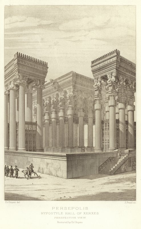 Persepoli, Sala ipostila di Serse, vista prospettica, restaurata da Ch Chipiez da French School