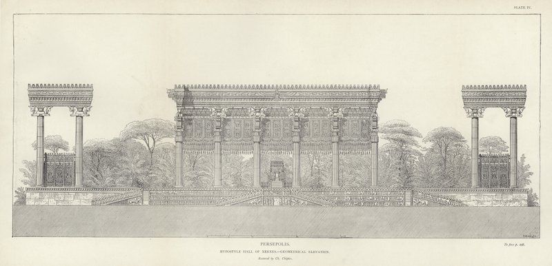 Persepoli, Sala Ipostila di Serse, elevazione geometrica, restaurata da Ch Chipiez da French School