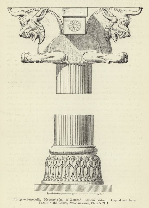 Persepoli, Sala ipostila di Serse, Portico orientale, Capitello e base da French School