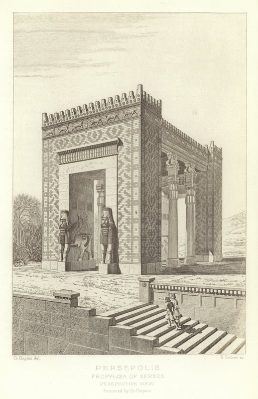 Persepoli, Propilei di Serse, vista prospettica, restaurata da Ch Chipiez da French School