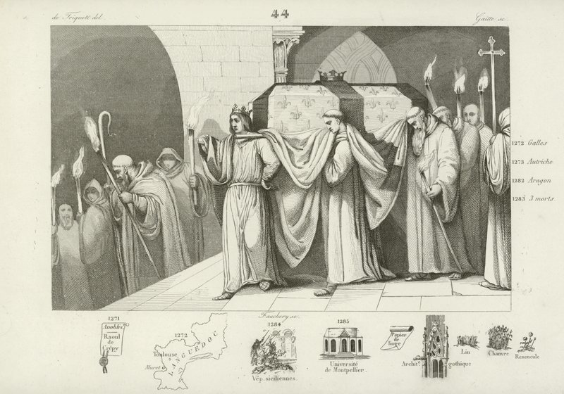 Filippo III di Francia aiuta a portare la bara di suo padre, Luigi IX da French School