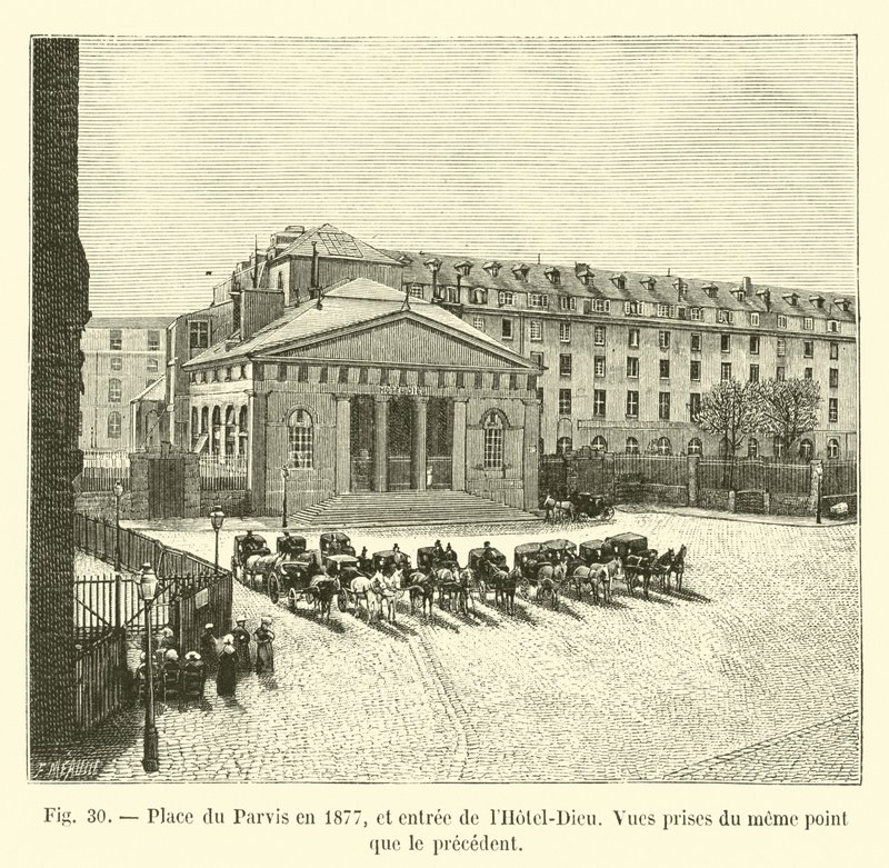 Piazza del Parvis nel 1877, e ingresso dell