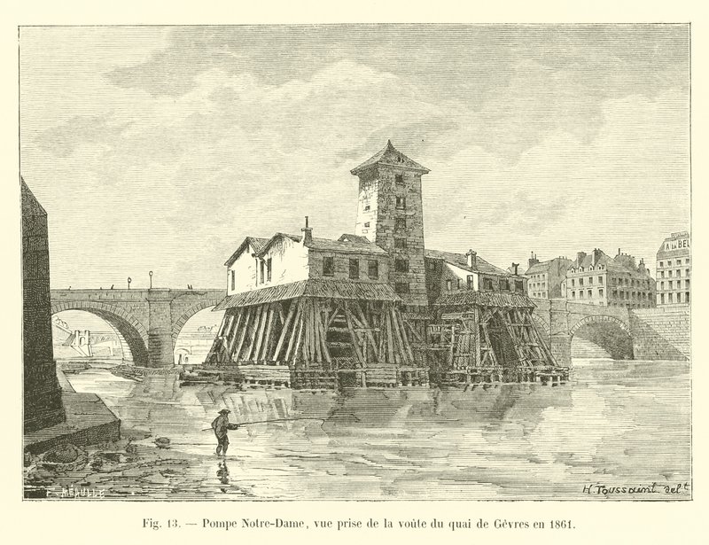 Pompa Notre-Dame, vista dalla volta del quai de Gevres nel 1861 da French School
