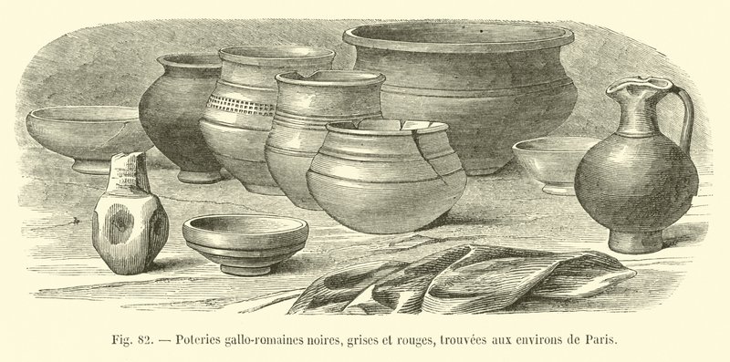 Ceramiche gallo-romane nere, grigie e rosse, trovate nei dintorni di Parigi da French School