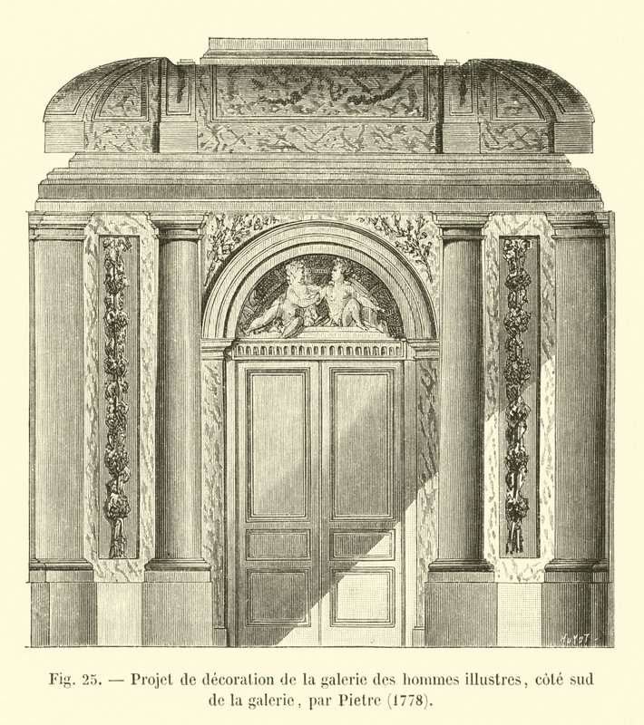 Progetto di decorazione della galleria degli uomini illustri, lato sud della galleria, di Pietre, 1778 da French School