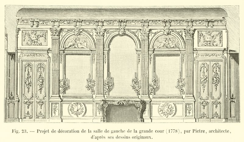 Progetto di decorazione della sala di sinistra del grande cortile, 1778, di Pietre, architetto, secondo i suoi disegni originali da French School