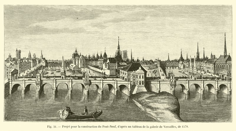 Progetto per la costruzione del Pont-Neuf, da un quadro della galleria di Versailles, del 1578 da French School