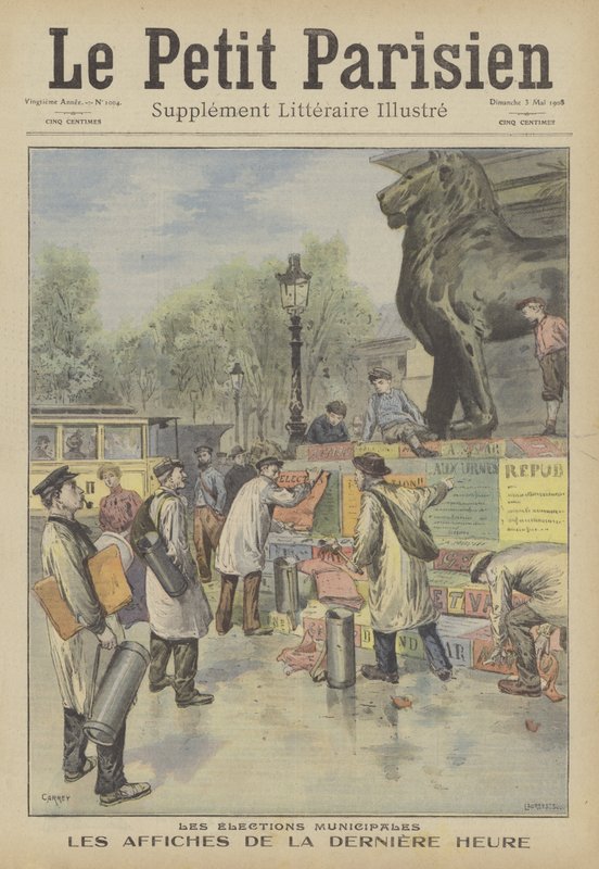 Affissione di manifesti per le elezioni municipali francesi da French School