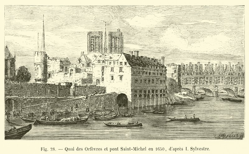 Quai des Orfèvres e ponte Saint-Michel nel 1650, da I Sylvestre da French School