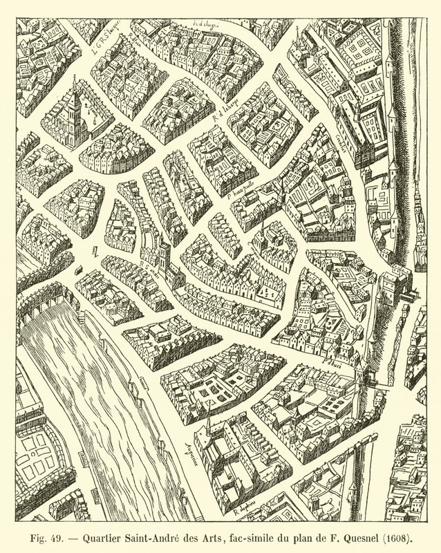 Quartiere Saint-Andre des Arts, fac-simile del piano di F Quesnel, 1608 da French School