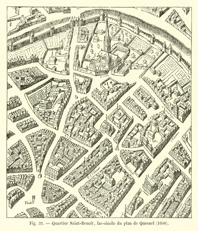 Quartiere Saint-Benoît, fac-simile del piano di Quesnel, 1608 da French School