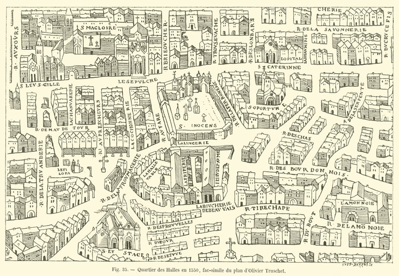 Quartiere delle Halles nel 1550, fac-simile del piano di Olivier Truschet da French School
