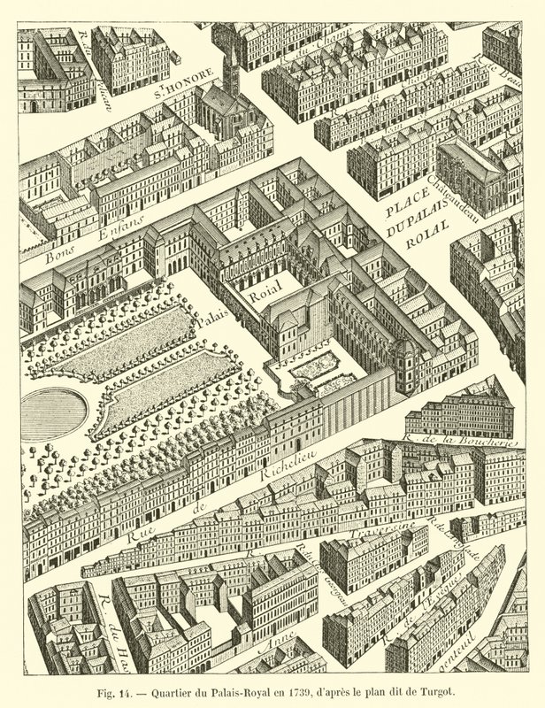 Quartiere del Palais-Royal nel 1739, secondo il piano detto di Turgot da French School