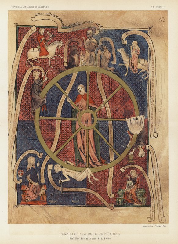 Renard sulla ruota della fortuna (litografia a colori) da French School