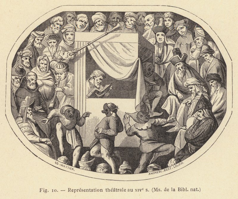 Rappresentazione teatrale nel XIV secolo, Ms della Bibl nat (incisione) da French School
