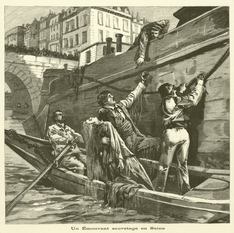 Salvataggio di una donna dal fiume Senna a Parigi da French School
