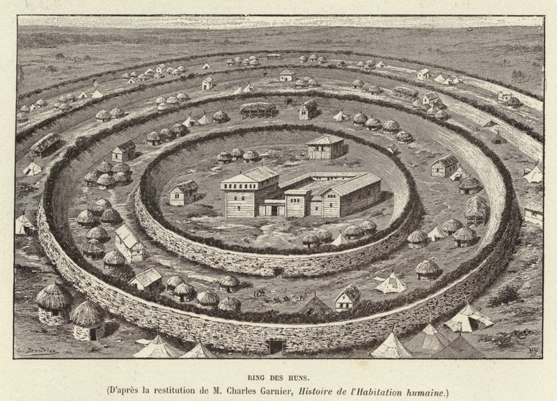 Ring des Huns. Fortificazioni a forma di anello che proteggono un insediamento degli Unni (incisione) da French School