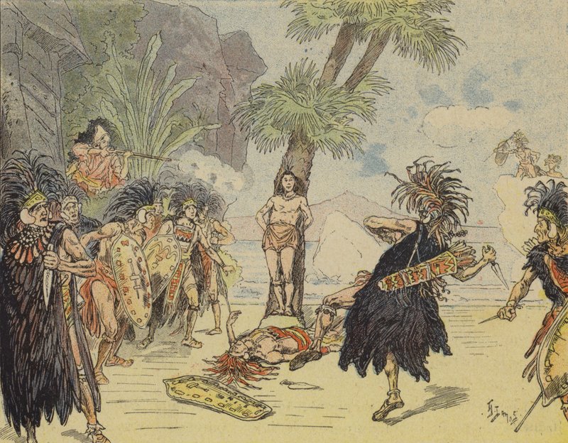 Robinson Crusoe che uccide il capo cannibale e salva la vita di Venerdì (litografia a colori) da French School
