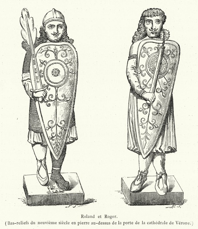 Roland e Roger, Bassorilievi del IX secolo in pietra sopra la porta della cattedrale di Verona (incisione) da French School