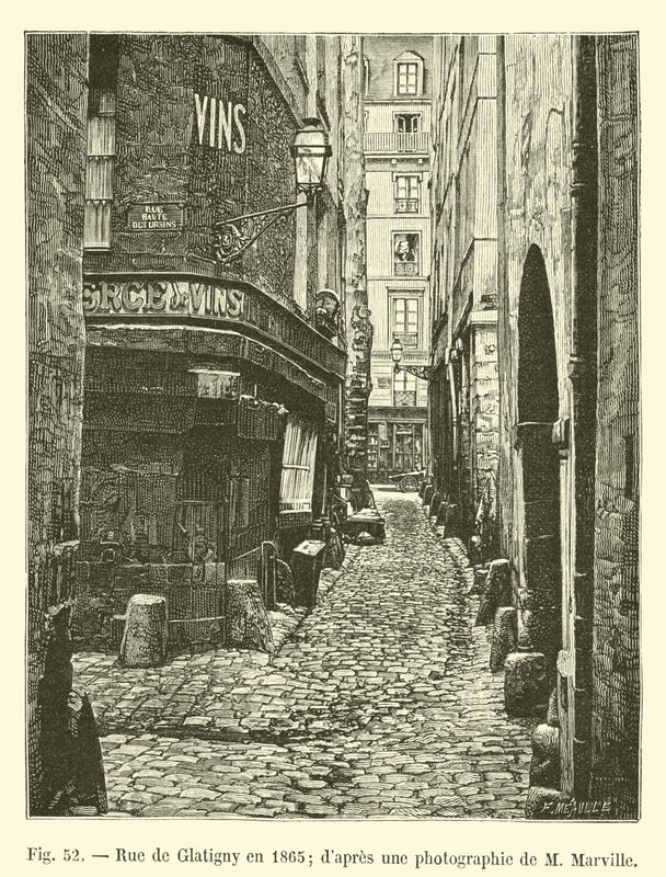 Rue de Glatigny nel 1865; da una fotografia di M. Marville da French School