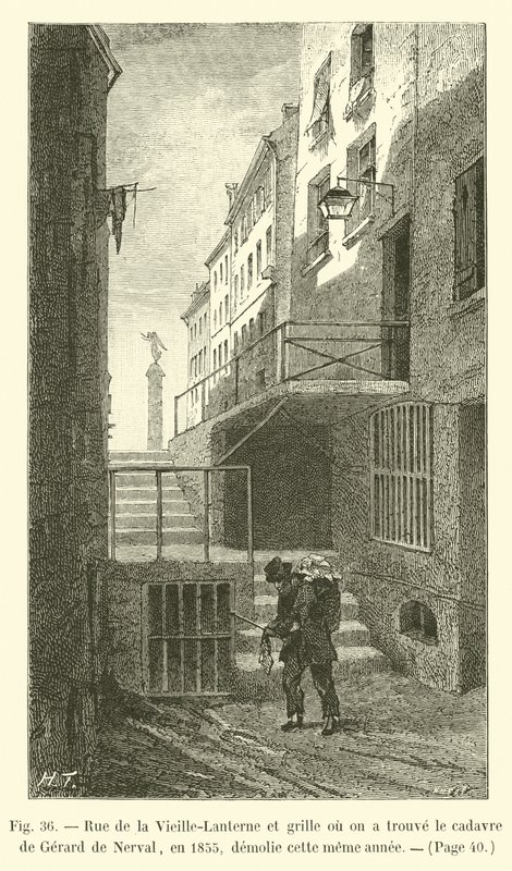 Rue de la Vieille-Lanterne e griglia dove è stato trovato il cadavere di Gérard de Nerval, nel 1855, demolita lo stesso anno da French School