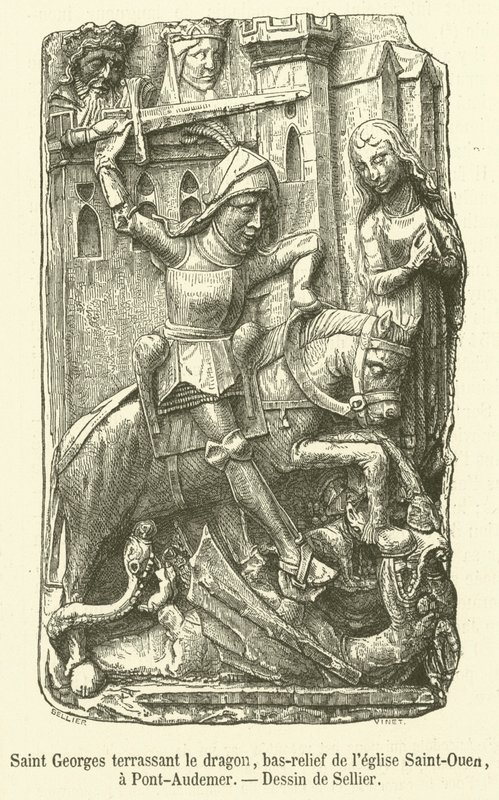 San Giorgio che uccide il drago, bassorilievo della chiesa di Saint-Ouen, a Pont-Audemer da French School
