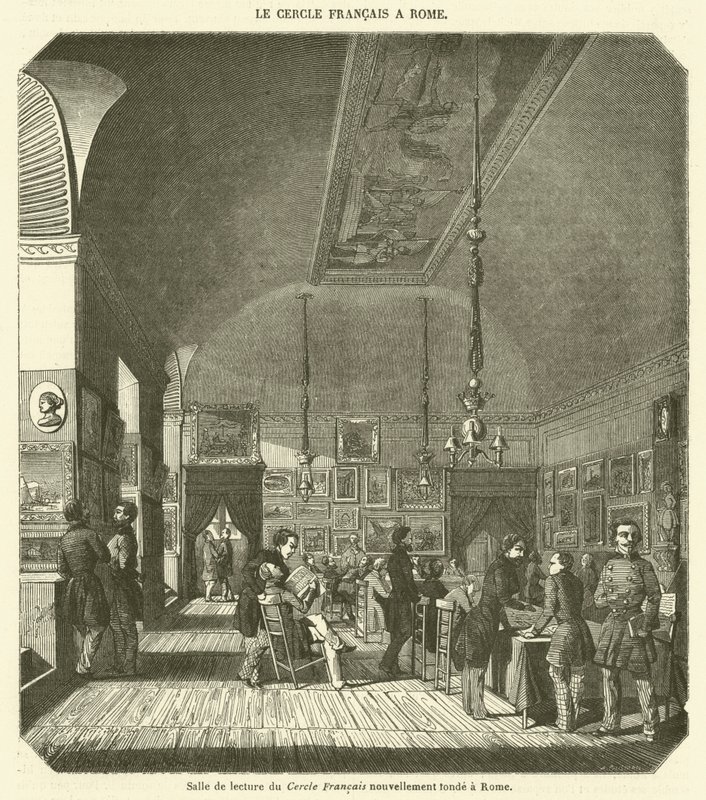 Sala di lettura del Cercle Francais appena fondato a Roma (incisione) da French School