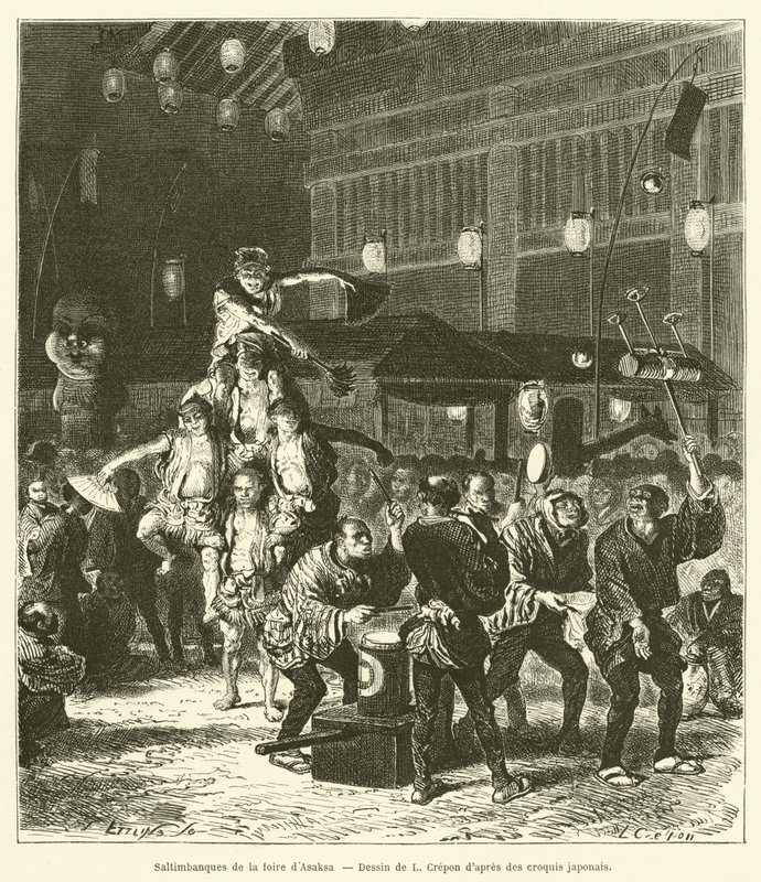 Saltimbanchi della fiera di Asaksa (incisione) da French School